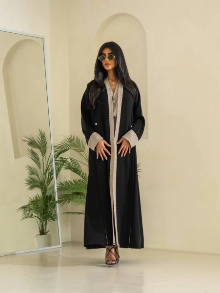 Black Crepe Abaya with Beige Striped IB231 Striped Beige